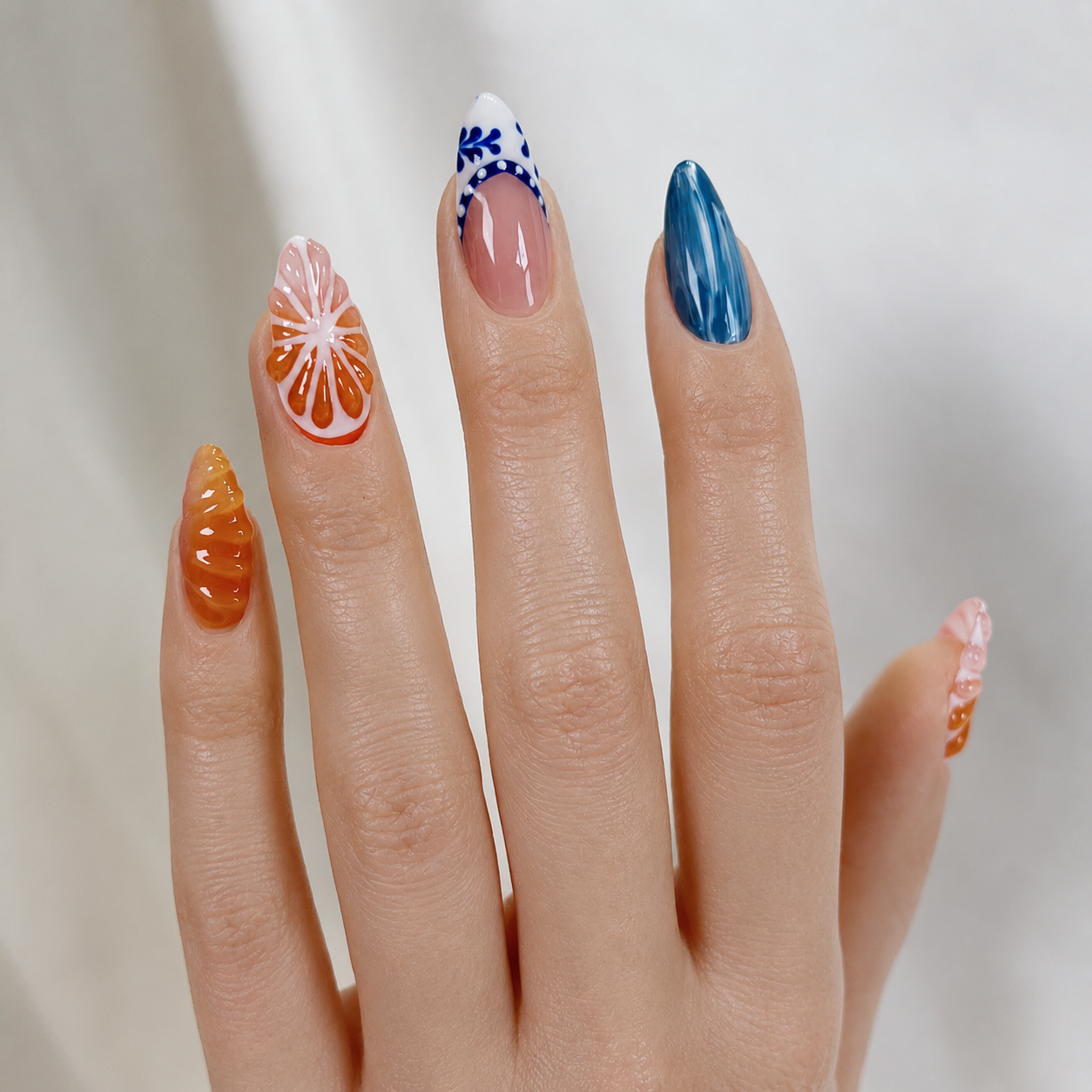 Orange 3D fruit tropical blue press on nails RTS PO053