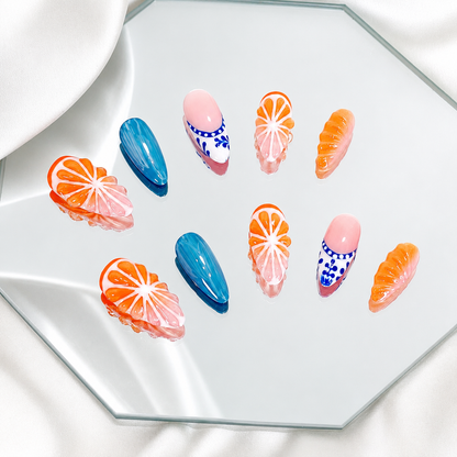 Orange 3D fruit tropical blue press on nails RTS PO053