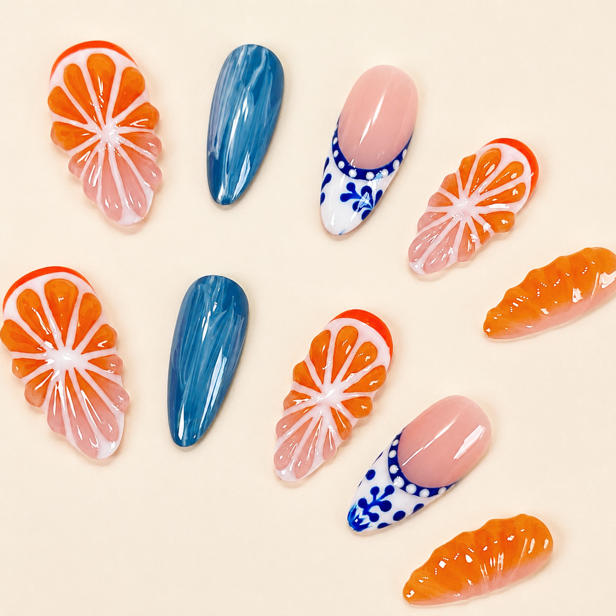 Orange 3D fruit tropical blue press on nails RTS PO053