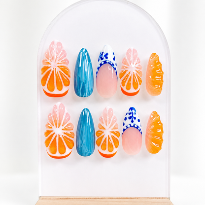 Orange 3D fruit tropical blue press on nails RTS PO053
