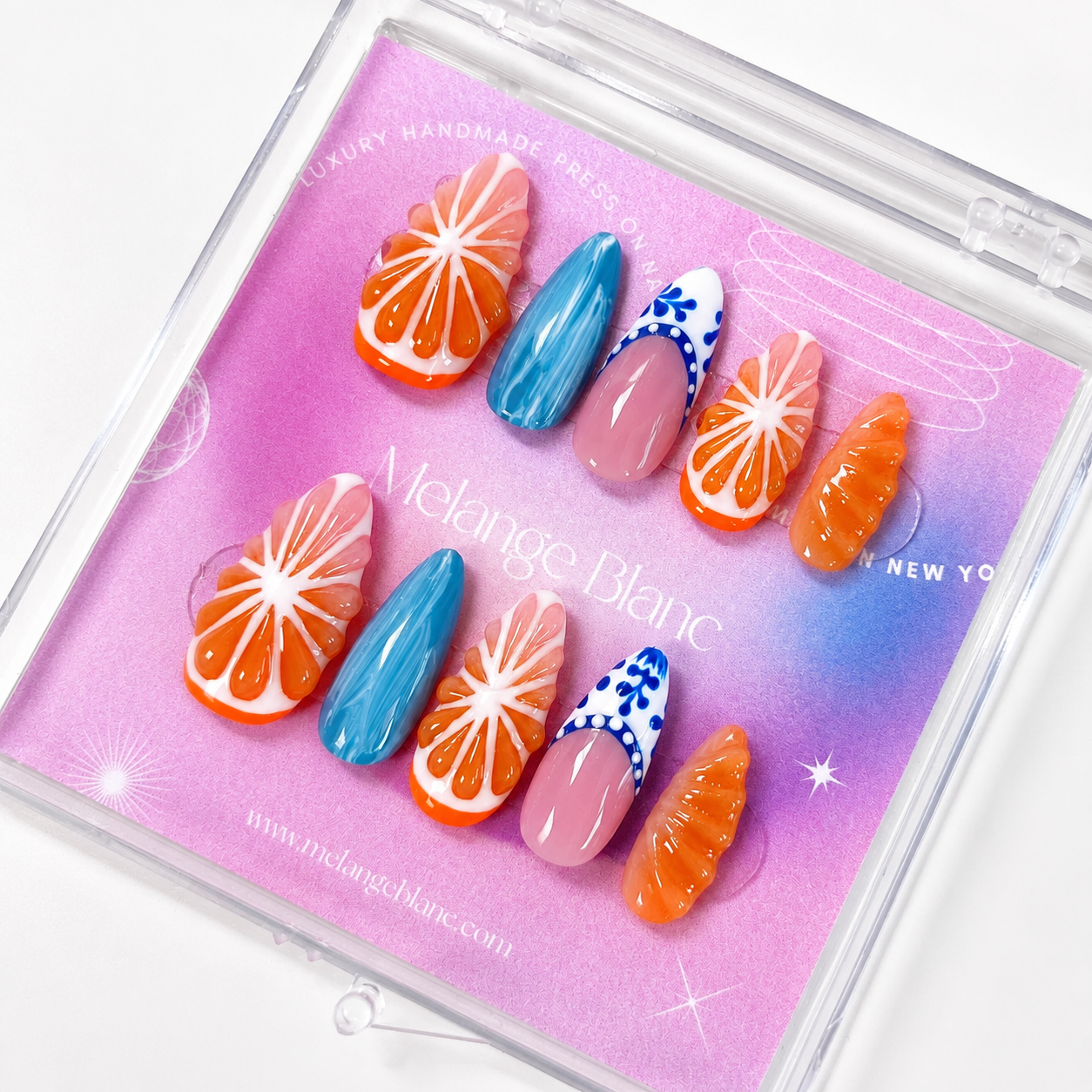 Orange 3D fruit tropical blue press on nails RTS PO053