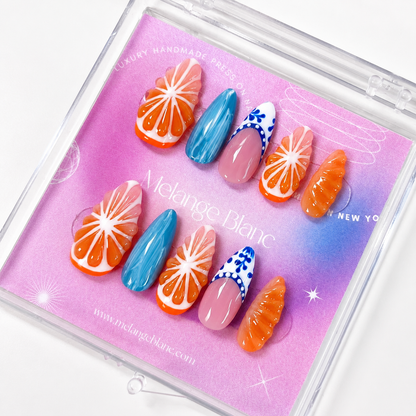 Orange 3D fruit tropical blue press on nails RTS PO053