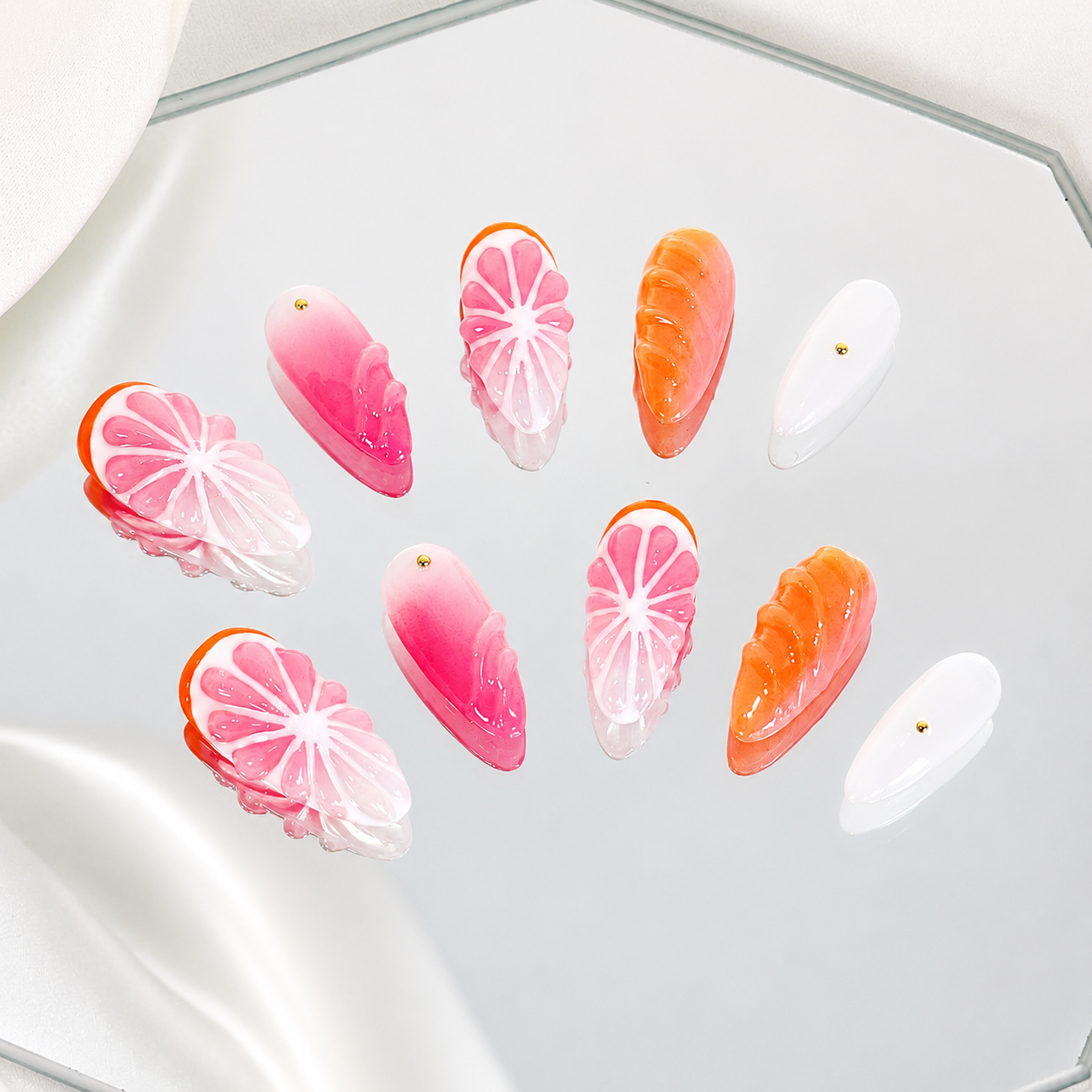 Red & orange ombre 3D fruit press on nails RTS PO052