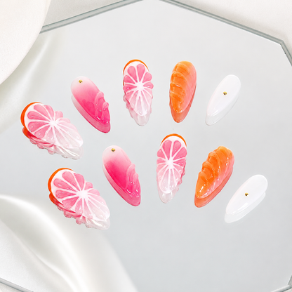 Red & orange ombre 3D fruit press on nails RTS PO052