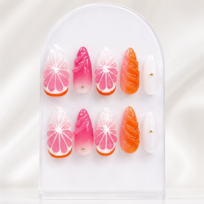 Red & orange ombre 3D fruit press on nails RTS PO052