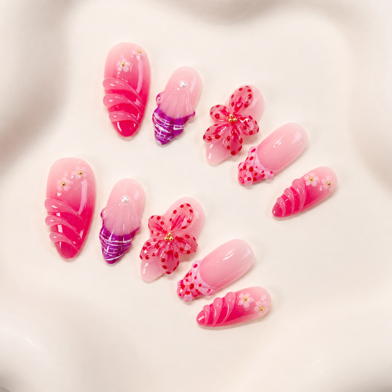 Fuchsia ombre pink 3D orchid flower almond press on nails RTS PO079