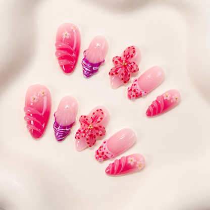 Fuchsia ombre pink 3D orchid flower almond press on nails RTS PO079
