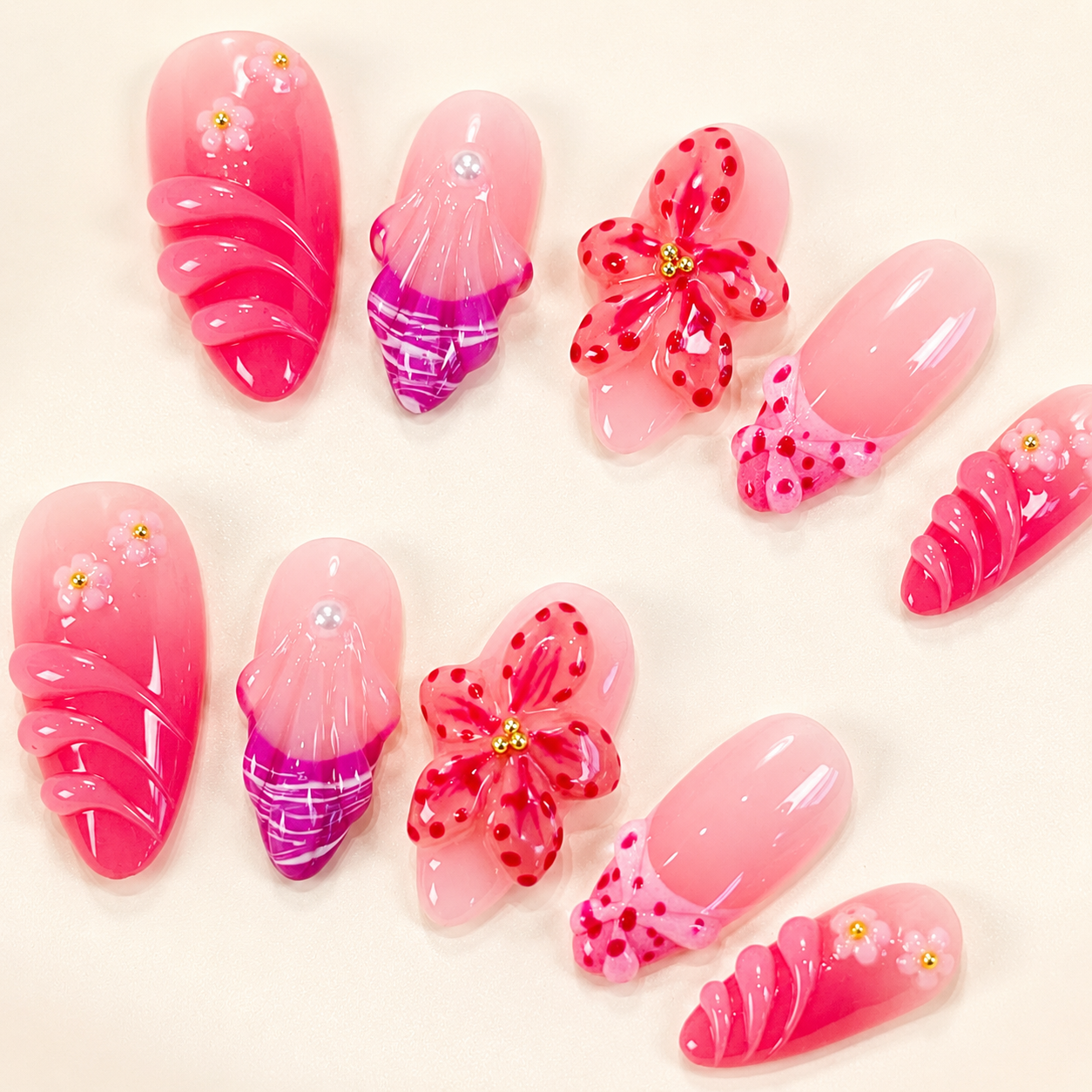 Fuchsia ombre pink 3D orchid flower almond press on nails RTS PO079