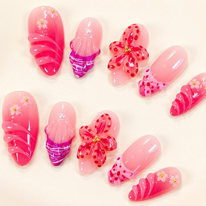 Fuchsia ombre pink 3D orchid flower almond press on nails RTS PO079