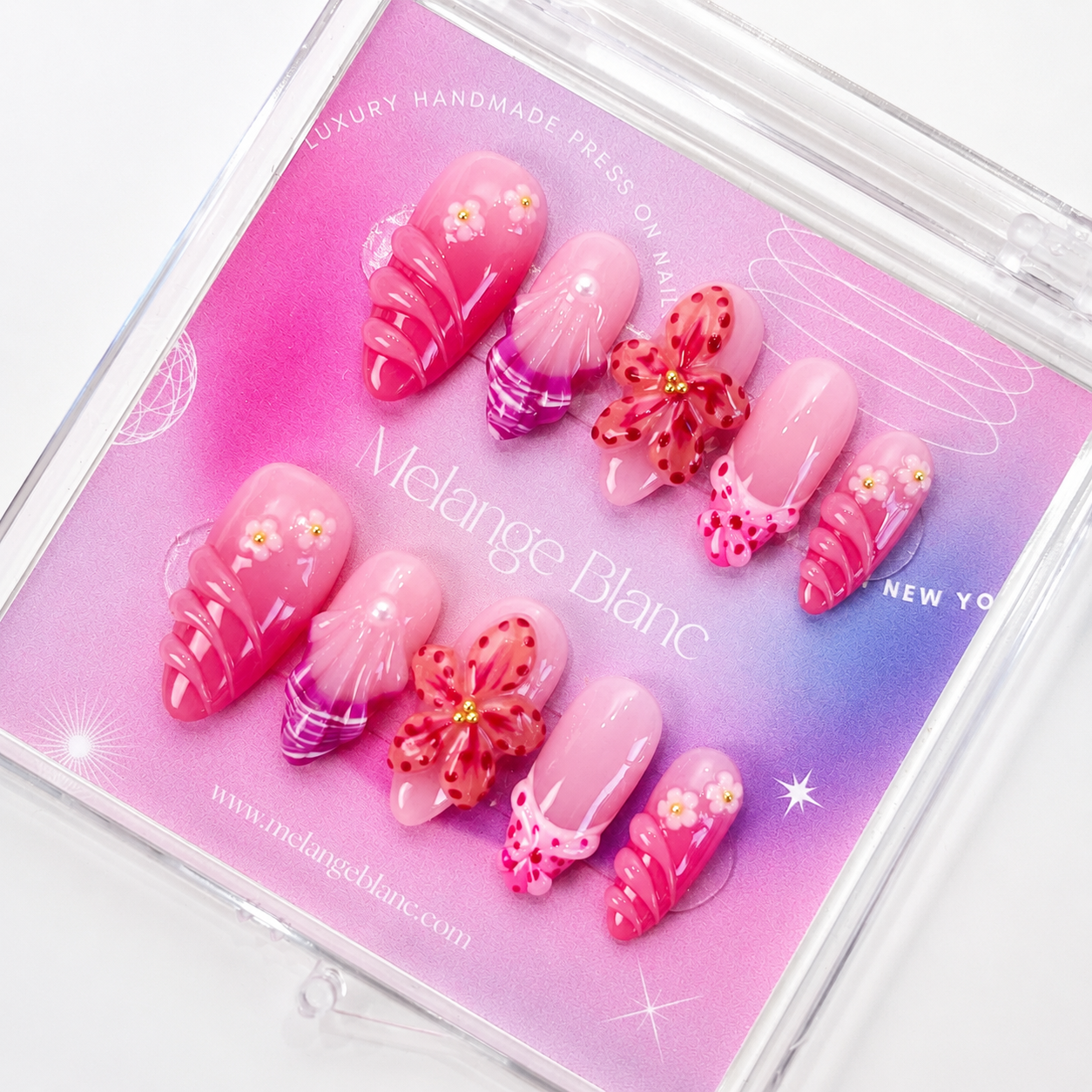 Fuchsia ombre pink 3D orchid flower almond press on nails RTS PO079