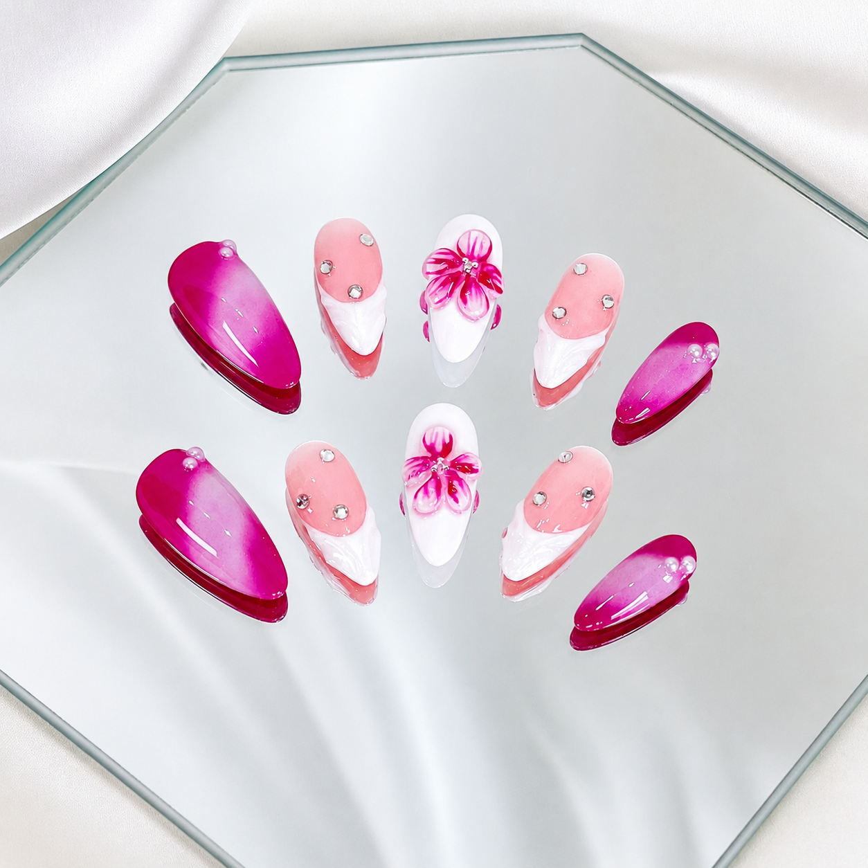 Fuchsia pink flower & french tip aurora almond press on nails PO050 - RTS