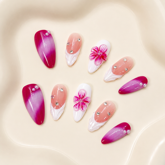 Fuchsia pink flower & french tip aurora almond press on nails PO050