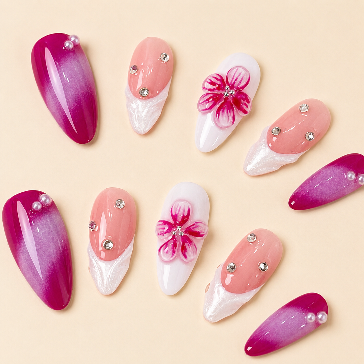 Fuchsia pink flower & french tip aurora almond press on nails PO050 - RTS