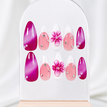 Fuchsia pink flower & french tip aurora almond press on nails PO050 - RTS