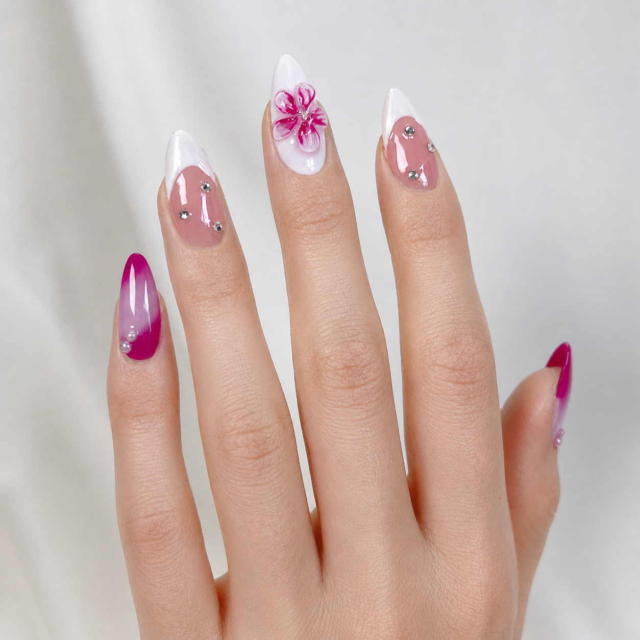Fuchsia pink flower & french tip aurora almond press on nails PO050 - RTS