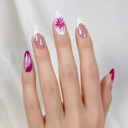 Fuchsia pink flower & french tip aurora almond press on nails PO050 - RTS