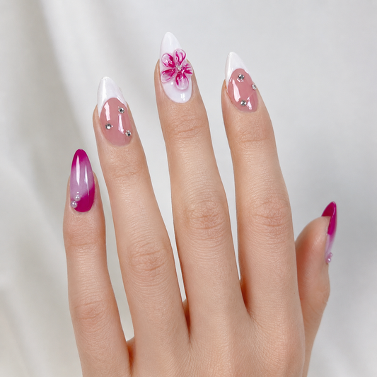 Fuchsia pink flower & french tip aurora almond press on nails PO050 - RTS