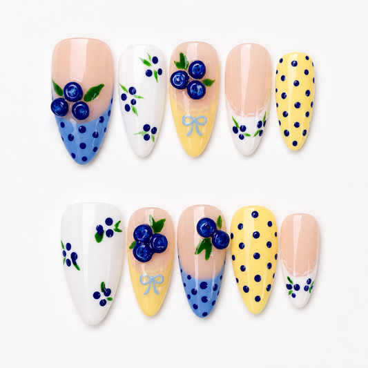 Blue & yellow polkadot blueberry 3D fruit press on nails PO199