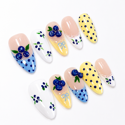 Blue & yellow polkadot blueberry 3D fruit press on nails PO199