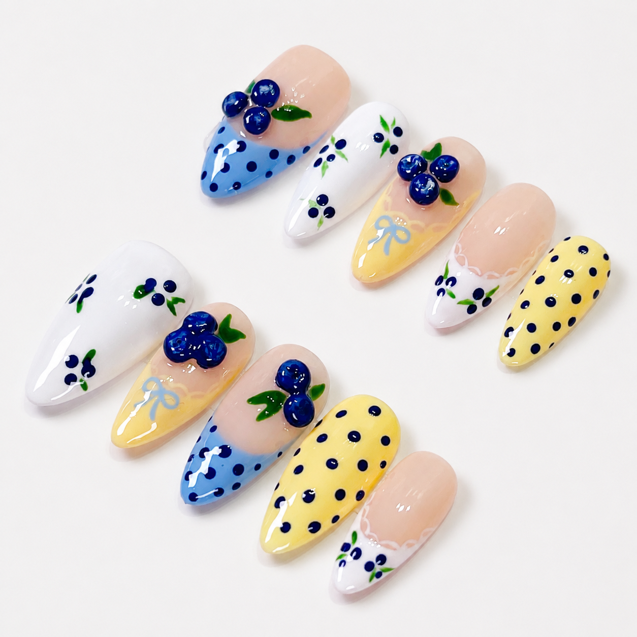 Blue & yellow polkadot blueberry 3D fruit press on nails PO199