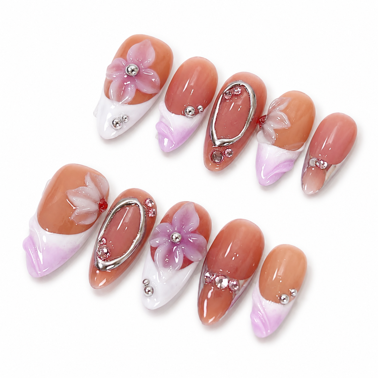 Purple ombre french tips with 3D flower & silver chrome press on nails PO200