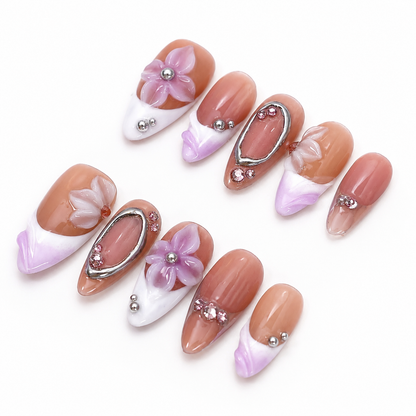 Purple ombre french tips with 3D flower & silver chrome press on nails PO200