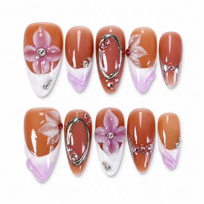 Purple ombre french tips with 3D flower & silver chrome press on nails PO200