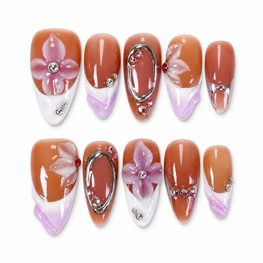 Purple ombre french tips with 3D flower & silver chrome press on nails PO200