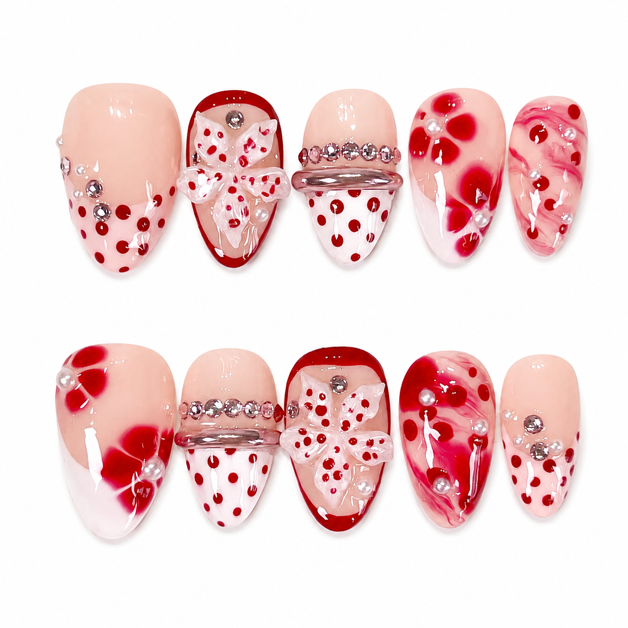 Red polkadot 3D flower ombre chrome bangle press on nails PO202