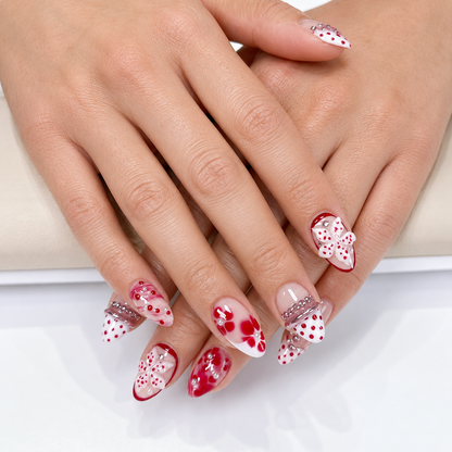 Red polkadot 3D flower ombre chrome bangle press on nails PO202