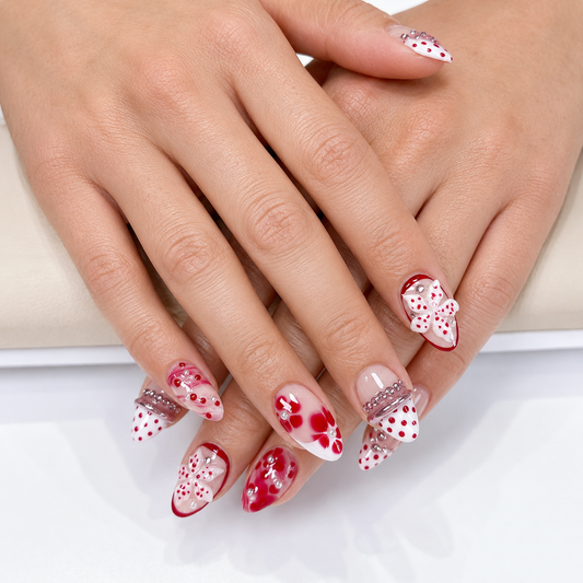 Red polkadot 3D flower ombre chrome bangle press on nails PO202