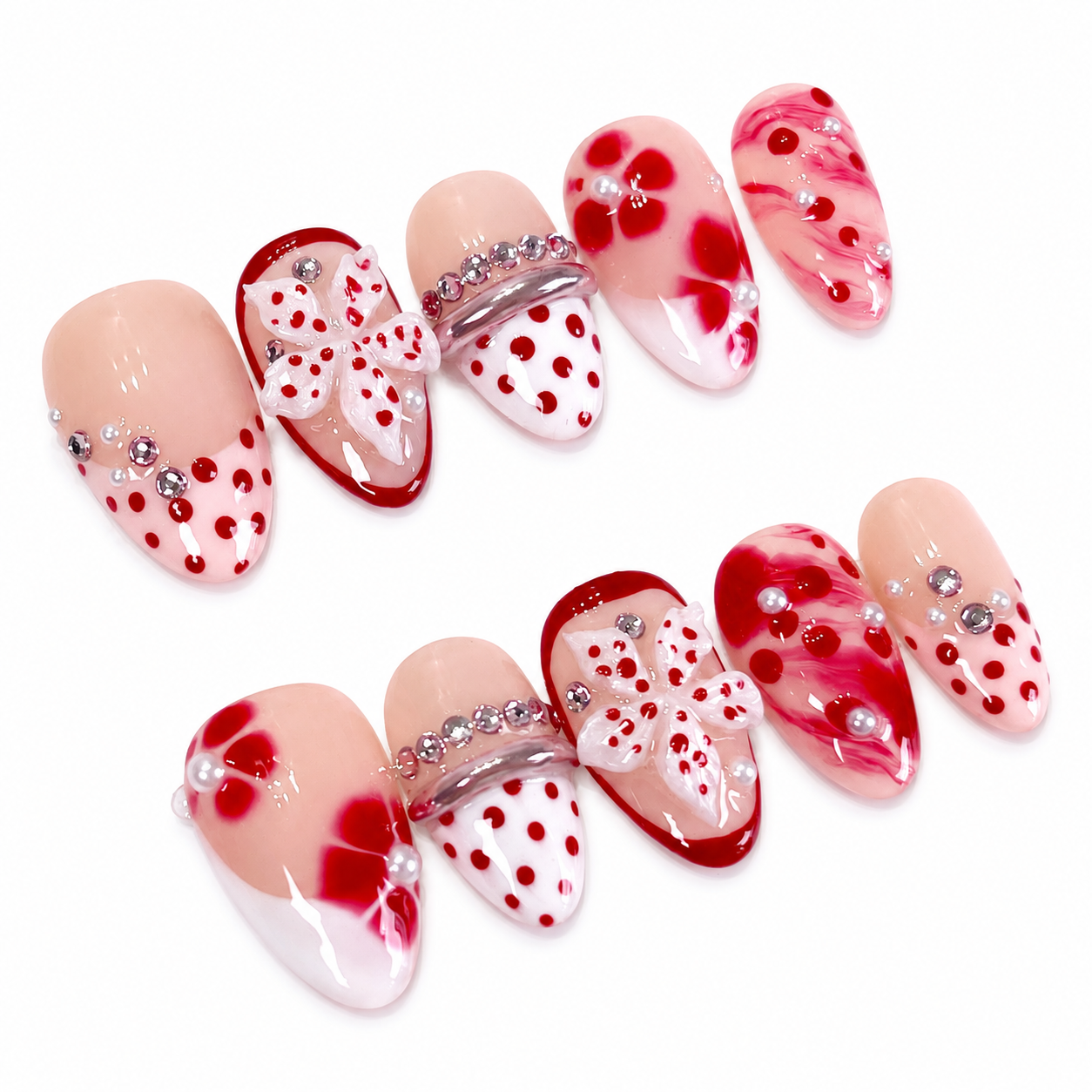 Red polkadot 3D flower ombre chrome bangle press on nails PO202