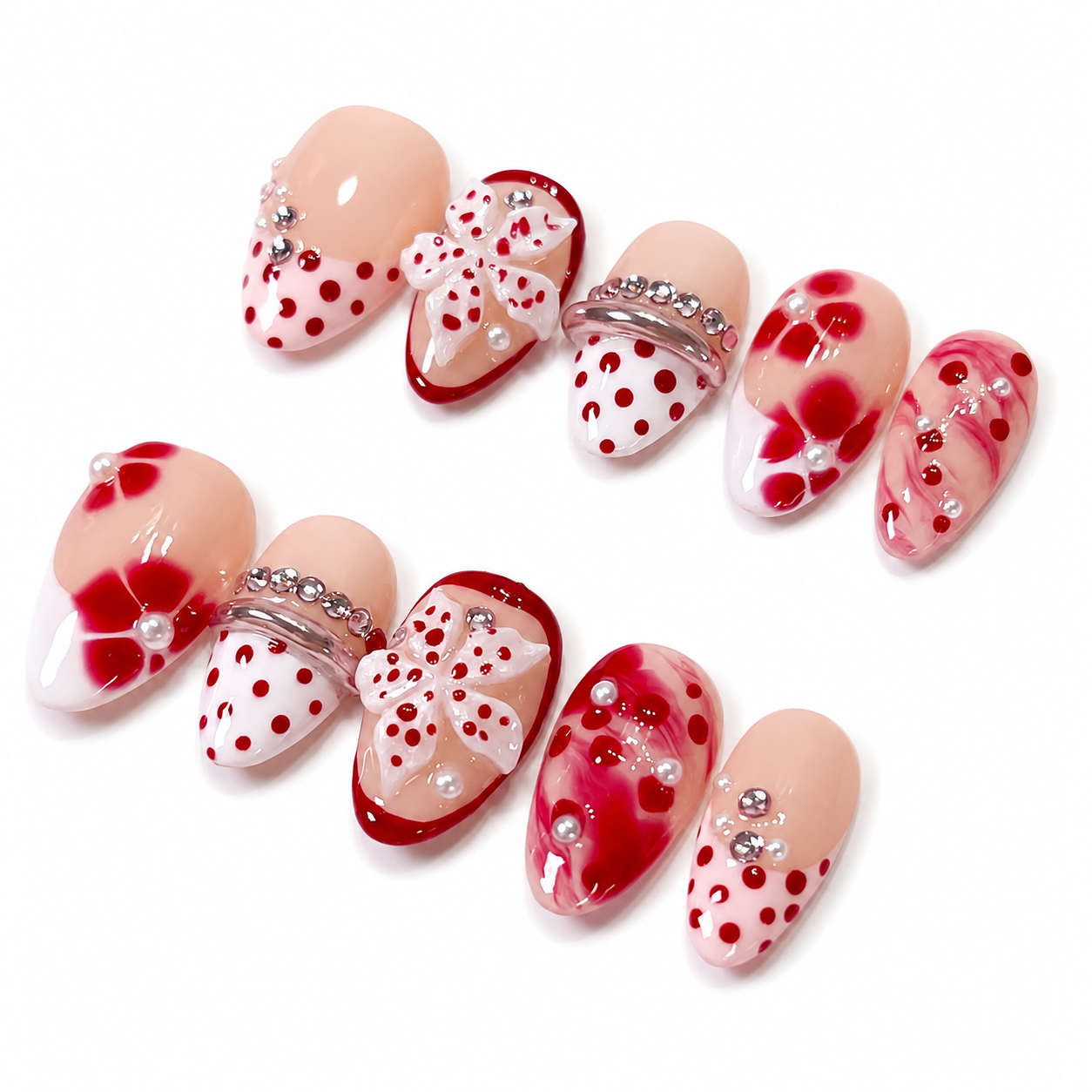 Red polkadot 3D flower ombre chrome bangle press on nails PO202