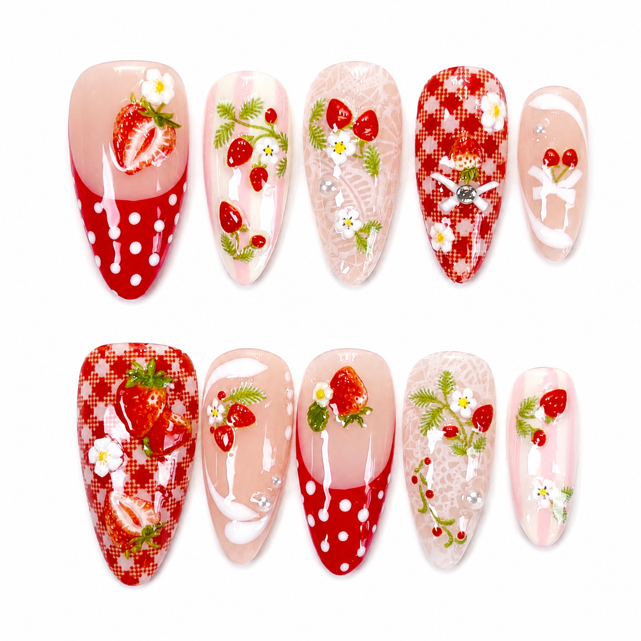 Red strawberry white lace polkadot french tips press on nails PO203