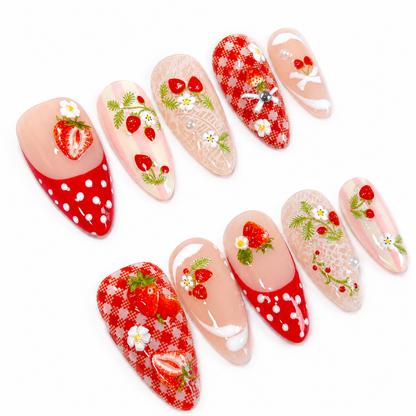 Red strawberry white lace polkadot french tips press on nails PO203