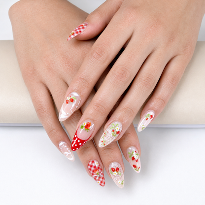Red strawberry white lace polkadot french tips press on nails PO203