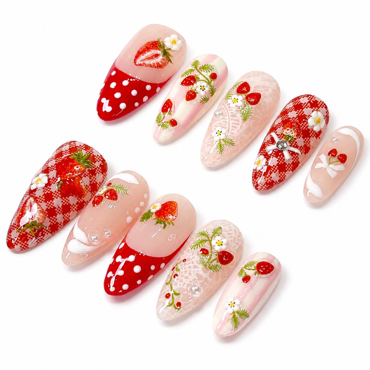Red strawberry white lace polkadot french tips press on nails PO203