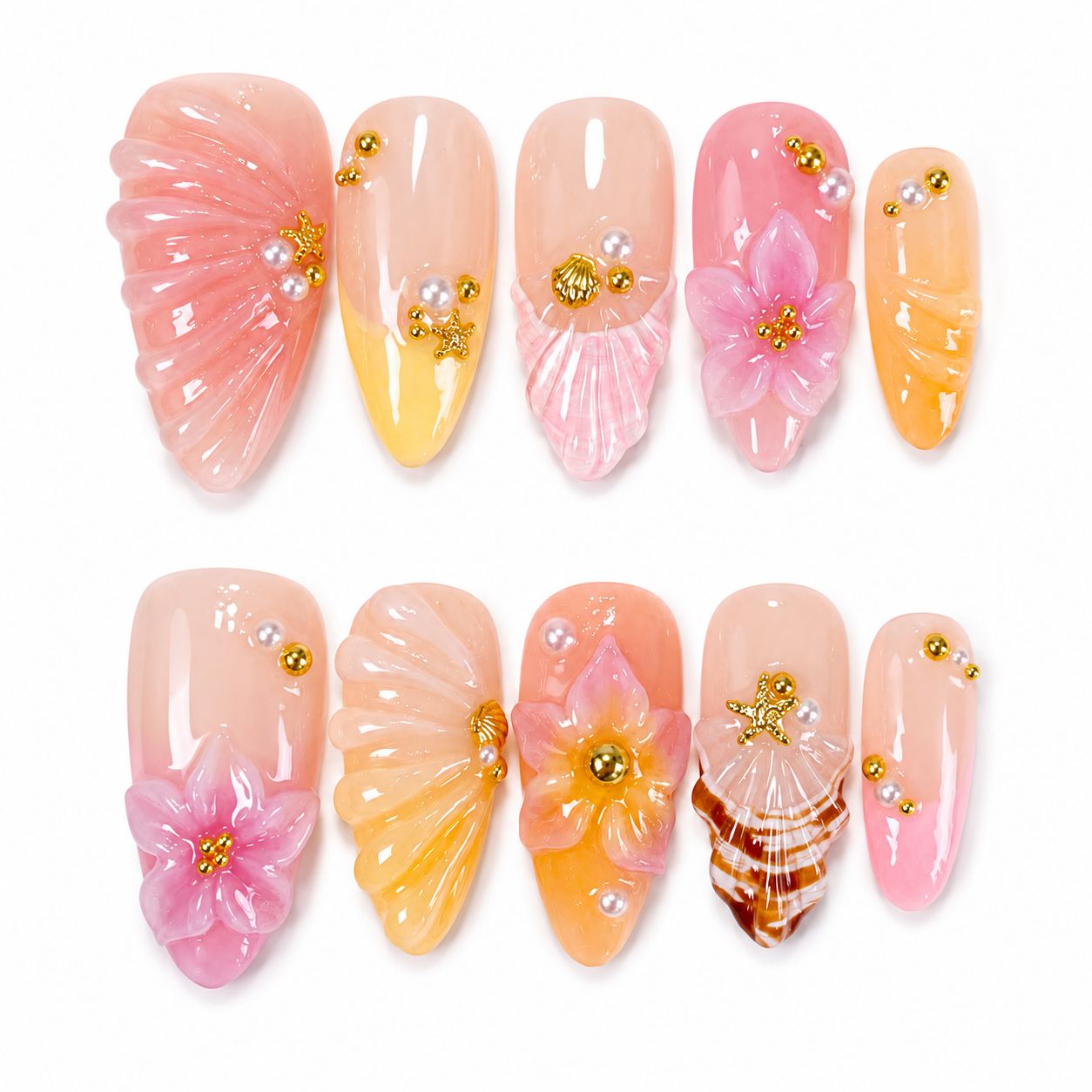 Pink & yellow 3D sea shell ombre flower press on nails PO204