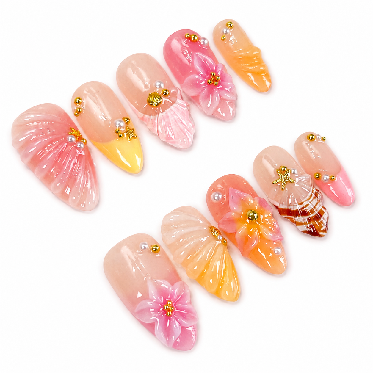 Pink & yellow 3D sea shell ombre flower press on nails PO204
