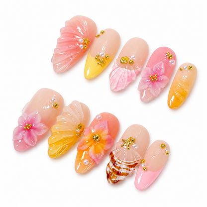 Pink & yellow 3D sea shell ombre flower press on nails PO204