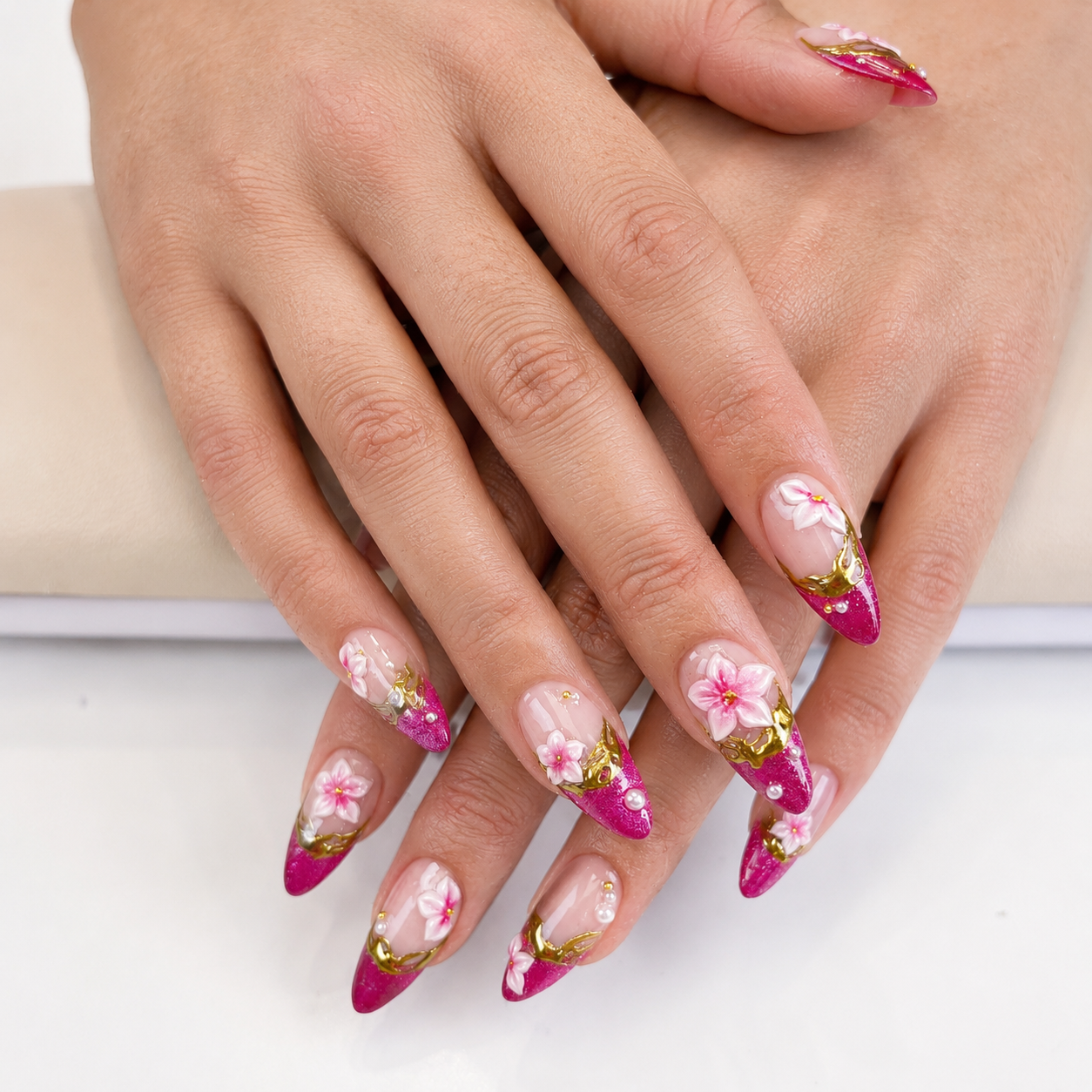 Pink french tips 3D flower gold chrome press on nails PO191