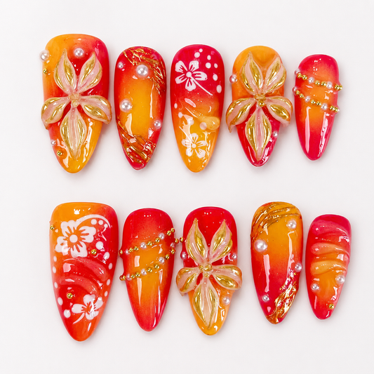 Tropical Sunset Ombre Gold Chrome 3D Flower Press On Naila PO074