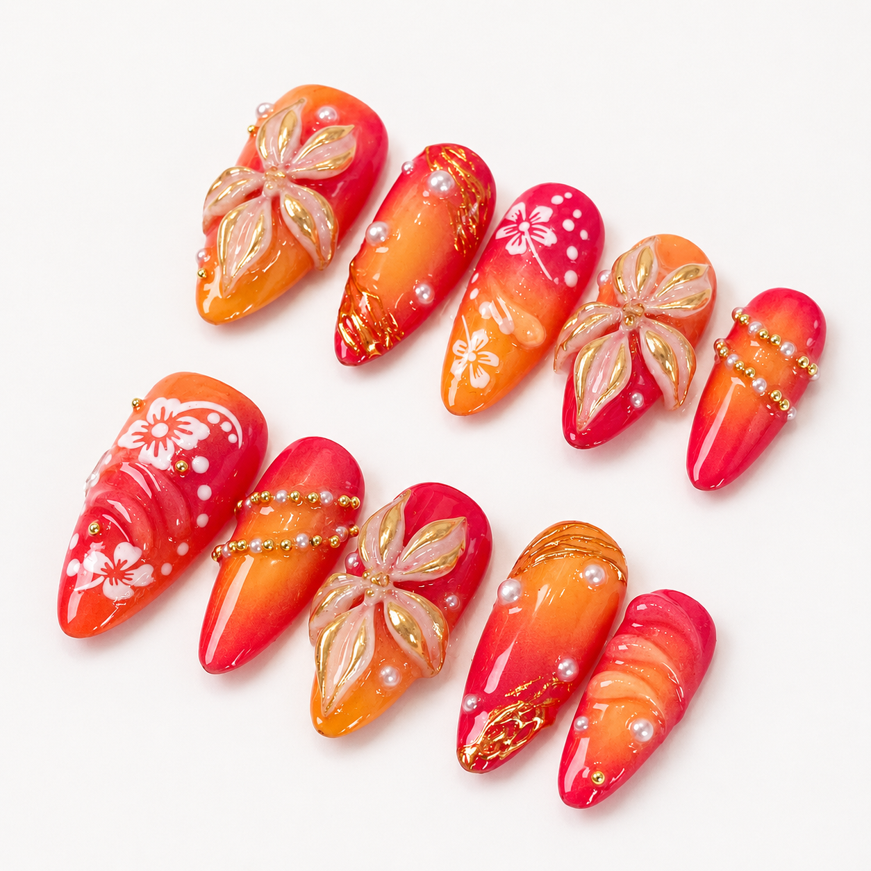 Tropical Sunset Ombre Gold Chrome 3D Flower Press On Nail PO074