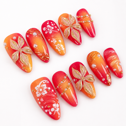 Tropical Sunset Ombre Gold Chrome 3D Flower Press On Nail PO074