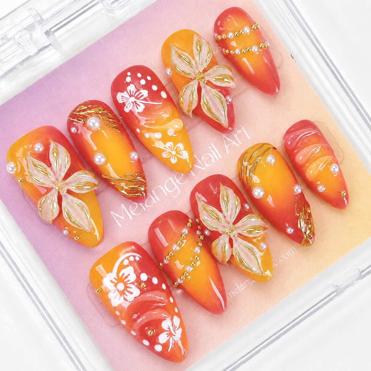Tropical Sunset Ombre Gold Chrome 3D Flower Press On Nail PO074