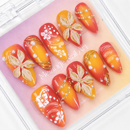 Tropical Sunset Ombre Gold Chrome 3D Flower Press On Nail PO074