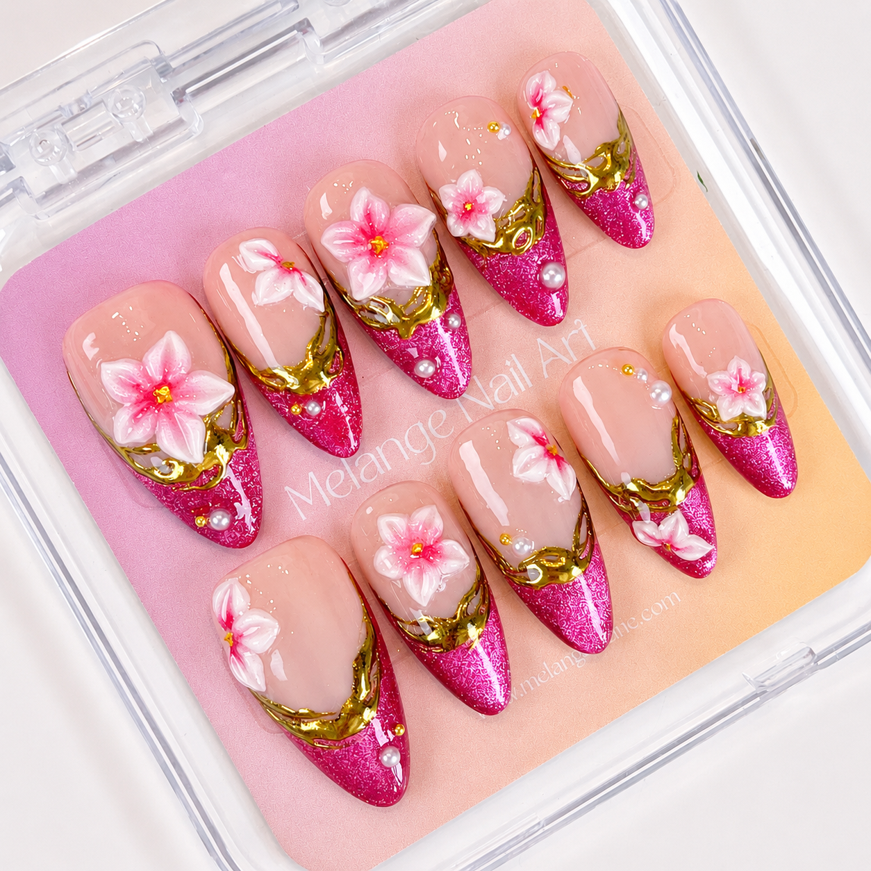 Pink french tips 3D flower gold chrome press on nails PO191