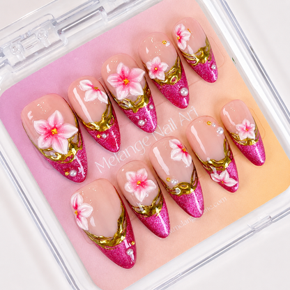 Pink french tips 3D flower gold chrome press on nails PO191