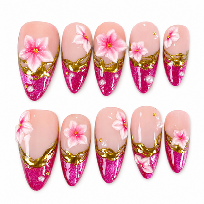 Pink french tips 3D flower gold chrome press on nails PO191