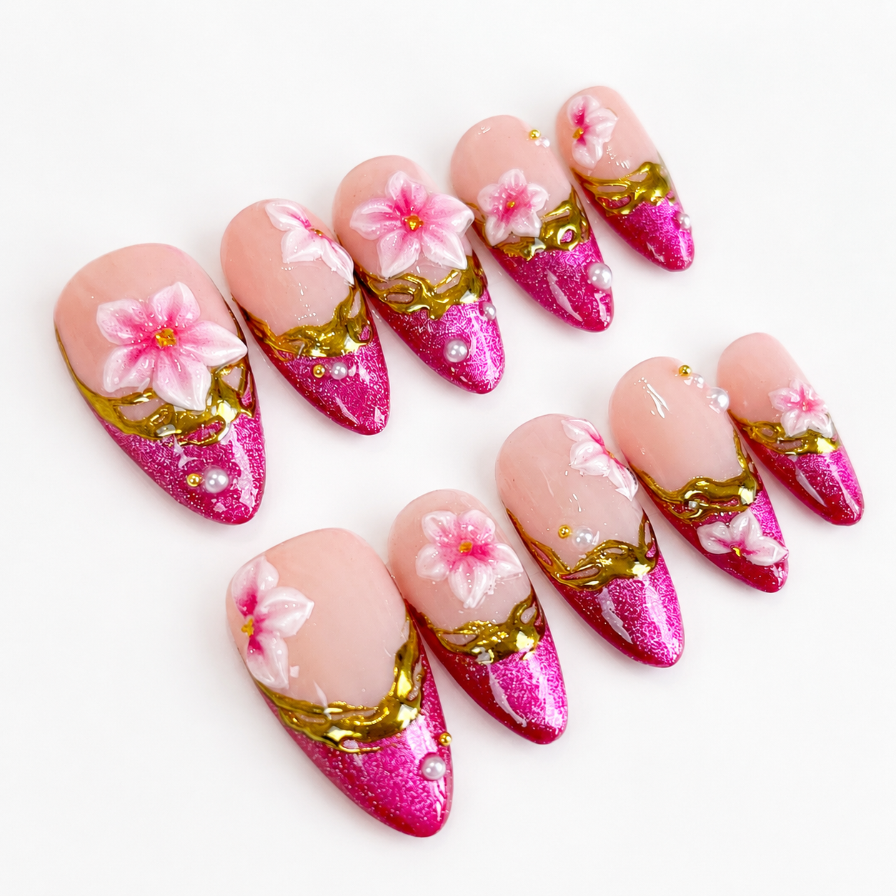 Pink french tips 3D flower gold chrome press on nails PO191
